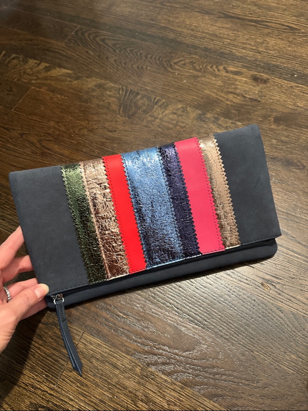 Stella & Dot Navy Foldover Clutch with Multi-Stripe Accents
